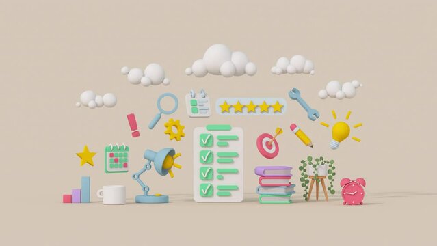 Work and study concept. Cute minimal cartoony design. 3D render animation