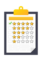 Tablet with a form for filling, online survey, checklist, choosing rating stars. Give rating on customer service. Vector stock illustration.