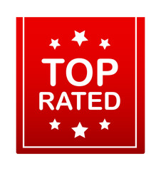 Red ribbon. Top rated product vector seal illustration. Consumer reviews badge.
