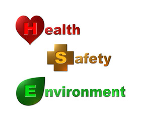 A 3D rendered illustration of a logo depicting HSE for Health, Safety and Environment, isolated on a white background.