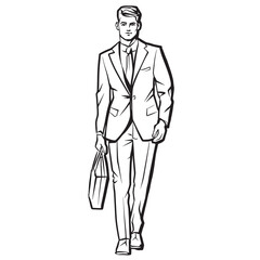 Businessman in suit walkin, abstract ink drawing vector silhouette. Male fashion model