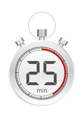 The 25 minutes, stopwatch vector icon. Stopwatch icon in flat style, timer on on color background. Vector stock illustration.