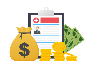 Medicine and money concept. Health insurance form concept. Filling medical documents. Vector stock illustration.