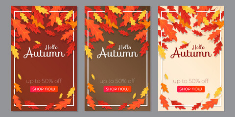 Set of Autumn Fall Sale promotional posters. Bright colored autumn leaves with discount text and frame on different backgrounds. Vector layout for your design.