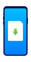 Smartphone and download file icon. Document downloading concept. Trendy flat design graphic with long shadow. Vector stock illustration.