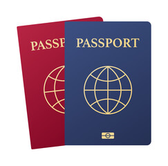 Blue and red passport isolated on white. International identification document for travel. Vector stock illustration.