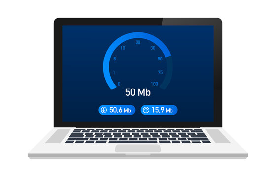Speed test on laptop. Speedometer Internet Speed 100 mb. Website speed loading time. Vector stock illustration.