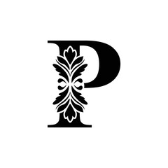 letter P Black flower alphabet. Beautiful capital letters with shadow