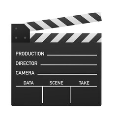Black closed clapperboard. Black cinema slate board, device used in filmmaking and video production. Realistic vector stock illustration.