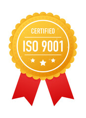 ISO 9001 certified golden label on white background. Vector stock illustration.