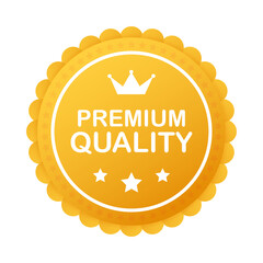 Gold premium quality rosette with red ribbon on white background. Vector stock illustration.