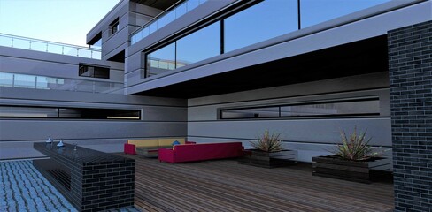 Place for rest in the courtyard of a modern low-rise office. Comfortable sofas and table. Author's bar with pouffes. Vases with exotic plants. 3d render.
