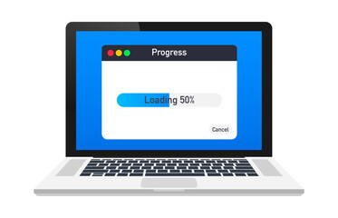 Loading data window with progress bar on laptop screen. Vector stock illustration.