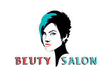 Beauty studio. Hair dyeing, banner, retro pinup girl for your logo or label design. Pattern presentation, makeup, haircut, modern, flat art style. Red and turquoise design. Poster, salon, white backgr