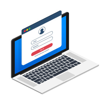 Sign in to account, user authorization, login authentication page concept. Laptop with login and password form page on screen. Vector stock illustration.