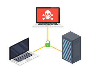 Network Vulnerability - Virus, Malware, Ransomware, Fraud, Spam, Phishing, Email Scam, Hacker Attack . Vector stock illustration.