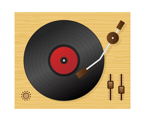 DJ playing vinyl. Top view. DJ Interface workspace mixer console turntables. Vector stock illustration.