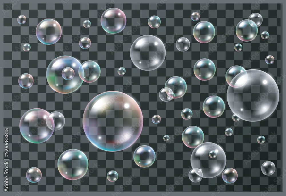 Poster set of realistic colorful soap bubbles on transparent background