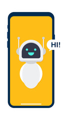 Chatbot banner concept. Horizontal business banner template with illustration of man chatting with chat bot in smartphone. Vector stock illustration.