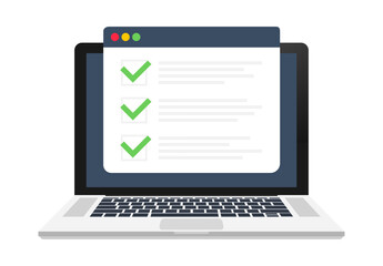 Online exam computer web app. Isometric laptop with paper document printing from screen and phone. Online test or opinion checklist. Vector stock illustration.
