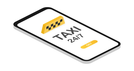 Get a taxi. Taxi banner isometric. Online mobile application order taxi service horizontal illustration. Vector stock illustration.