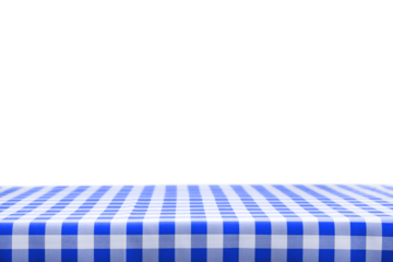 Classic greek cooking template - blank table with a blue checked tablecloth isolated on a transparent background.