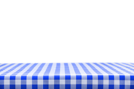 Classic greek cooking template - blank table with a blue checked tablecloth isolated on a transparent background.