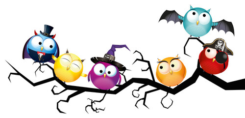 Funny cartoon owls sitting on a branch, transparent background