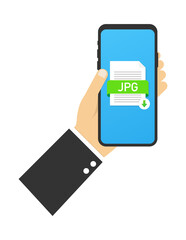 Download JPG button on smartphone screen. Downloading document concept. File with JPG label and down arrow sign. Vector stock illustration.