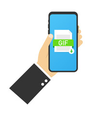 Download GIF button on smartphone screen. Downloading document concept. File with GIF label and down arrow sign. Vector stock illustration.