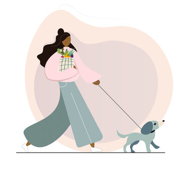African American person with a dog, Confident black female young woman girl walking with a dog after shopping groceries , fresh vegetables organic and healthy. Cute flat vector illustration
