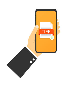 Download TIFF button on smartphone screen. Downloading document concept. File with TIFF label and down arrow sign. Vector stock illustration.