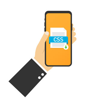 Download CSS button on smartphone screen. Downloading document concept. File with CSS label and down arrow sign. Vector stock illustration.