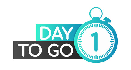 One day to go label, red flat with alarm clock, promotion icon. Vector stock illustration.