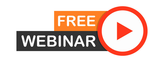 Free Webinar Icon, flat design style with red play button. Vector stock illustration.