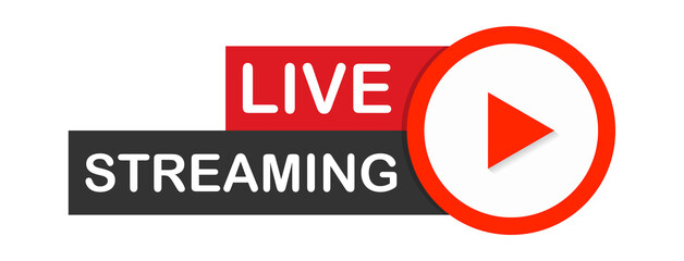 Live streaming flat logo - red vector design element with play button. Vector stock illustration