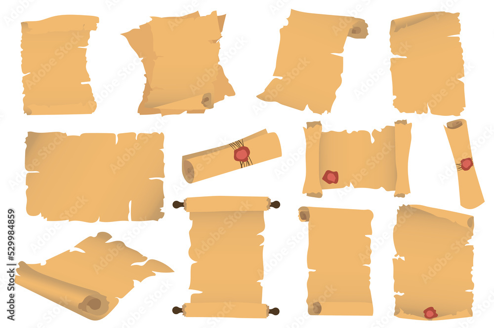 Fototapete papyrus and parchment different shapes set isolated elements. bundle of antique paper, ripped pages 