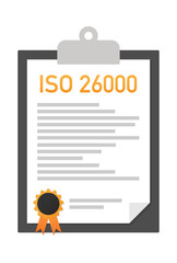 ISO 26000 certified quality management system document paper. Vector stock illustration.