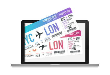Buying airplane tickets on the laptop. Computer with a ticket on the plane. Vector stock illustration.