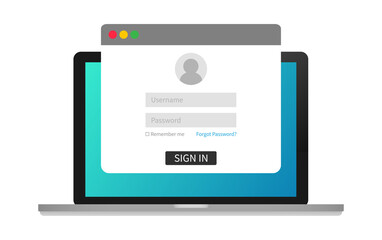Login page on laptop screen. Notebook and online login form, sign in page. User profile, access to account concepts. Vector stock illustration.