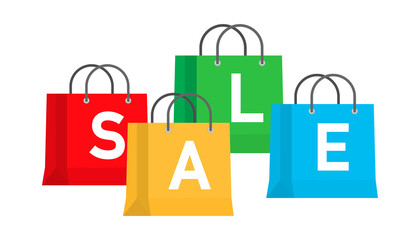 Illustration Set of Colorful Sale Shopping Bags Isolated on White Background. Vector stock illustration.