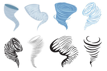 Tornado and hurricanes set isolated elements. Bundle of weather cataclysm symbols and power whirlpool effects in swirl, funnel, twirl and other shapes. Illustration in flat cartoon design.