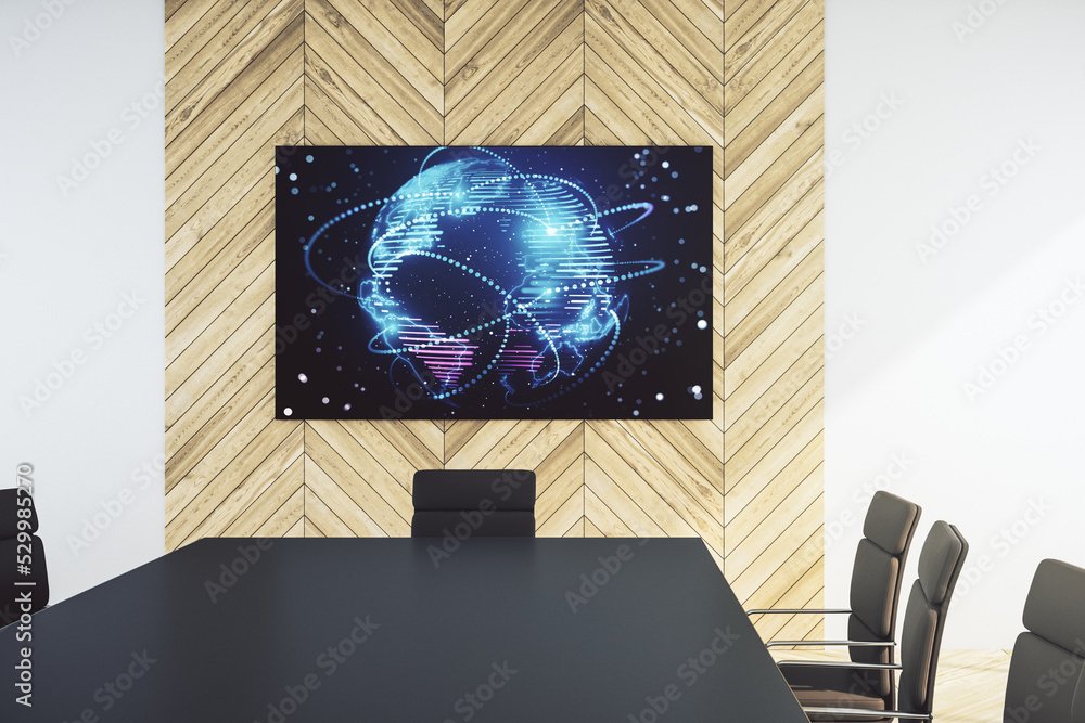 Poster abstract graphic world map with connections on tv display in a modern presentation room, globalizati