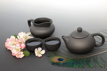 Obraz na płótnie Canvas Traditional Japanese tea ceremony with fresh apple blossom flowers, ceramic tea set, peacock feather. Herbal drink high in antioxidants to reduce free radicals. Stress relieving properties.