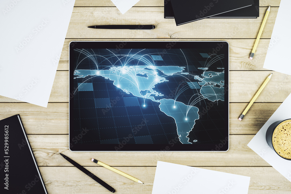 Fototapete abstract digital world map with connections on modern digital tablet screen, big data and blockchain