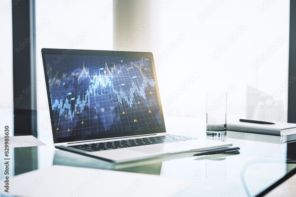 Poster abstract creative financial diagram with world map on modern computer monitor, banking and accountin