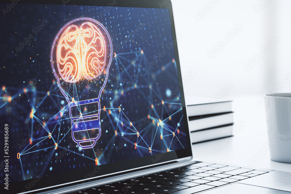 Poster Creative light bulb with human brain hologram on modern laptop monitor, artificial Intelligence and neural networks concept. 3D Rendering