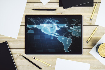 Abstract digital world map with connections on modern digital tablet screen, big data and blockchain concept. Top view. 3D Rendering