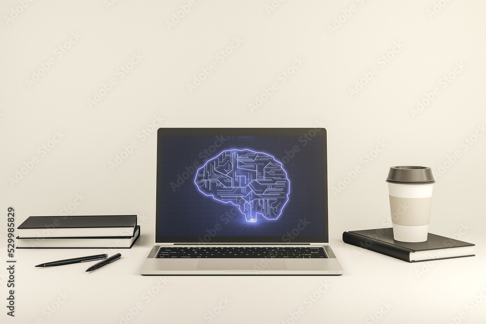 Poster creative artificial intelligence concept with human brain hologram on modern laptop screen. 3d rende