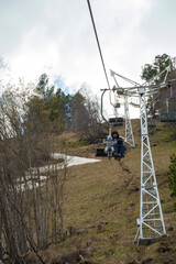 Cable car against the backdrop of the snow-capped Caucasus mountains, glacier seven